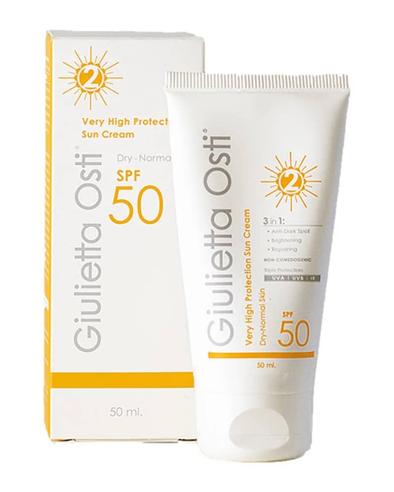 کرم ضد آفتاب SPF50 بی رنگ روشن کننده مخصوص پوست خشک جولیتا اُستی