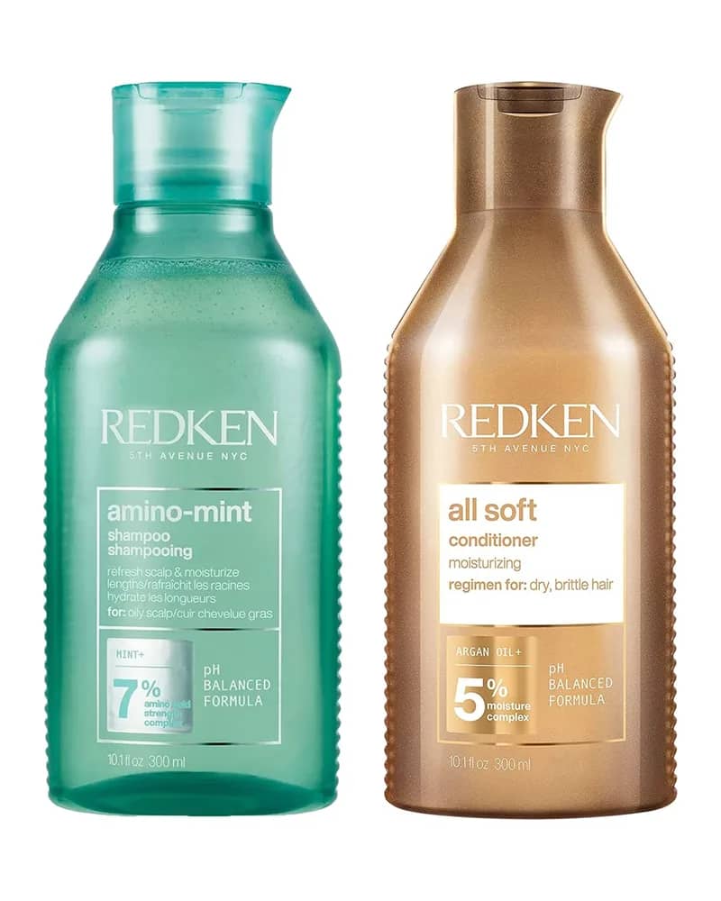 Redken Amino Mint Scalp Cleansing for Greasy Hair Shampoo and All Soft Hydrating Care Conditioner Bundle