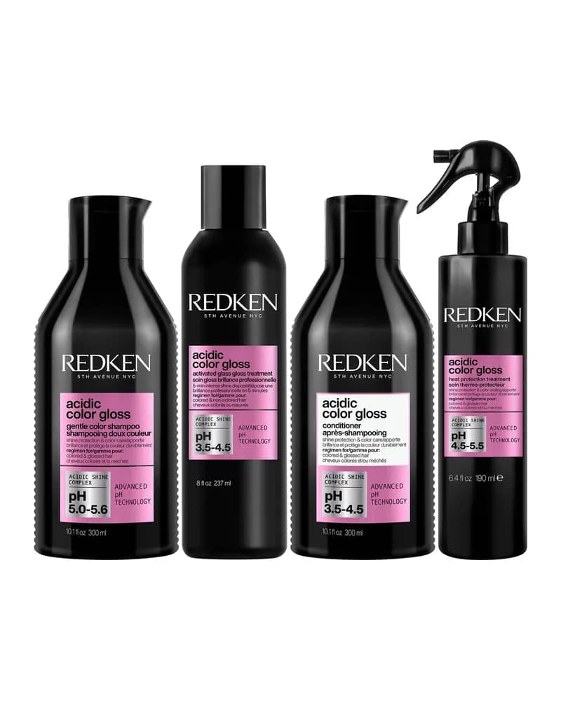Redken Acidic Color Gloss Sulphate-Free Shampoo 300ml, Glass Gloss Treatment 237ml, Conditioner 300ml & Leave-in Treatment 190ml