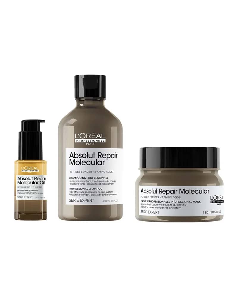 L'Oréal Professionnel Absolut Repair Molecular Shampoo 300ml, Hair Mask 250ml & Bi-Phase Hair Oil for Damaged Hair 30ml