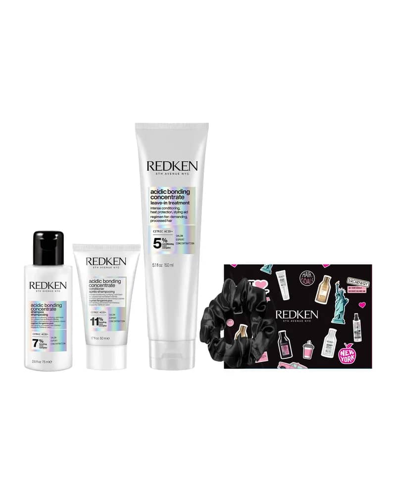 Redken Acidic Bonding Concentrate Shampoo 75ml, Redken Acidic Bonding Concentrate Conditioner 50ml, Redken Acidic Bonding Concentrate Leave-In Treatment 150ml & Limited-edition satin scrunchie set TOTW bundle