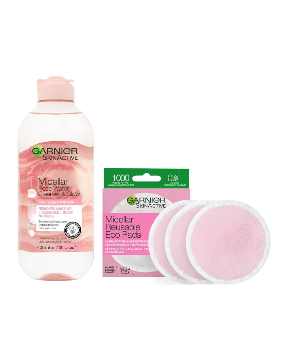 Garnier Makeup Remover Eco Pads and Rose Micellar Water Duo Set