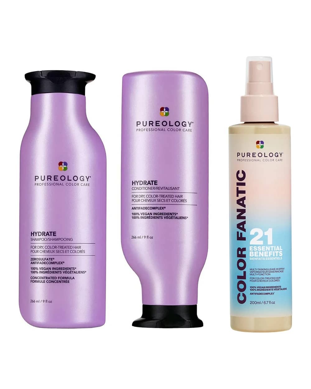 Pureology Hydrate Shampoo, Conditioner and Color Fanatic Multi-Benefit Leave-in, Moisturising Bundle for Dry Hair