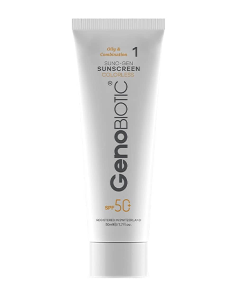 کرم ضد آفتاب بی رنگ پوست های چرب و مختلط SPF50 ژنوبایوتیک 50ml