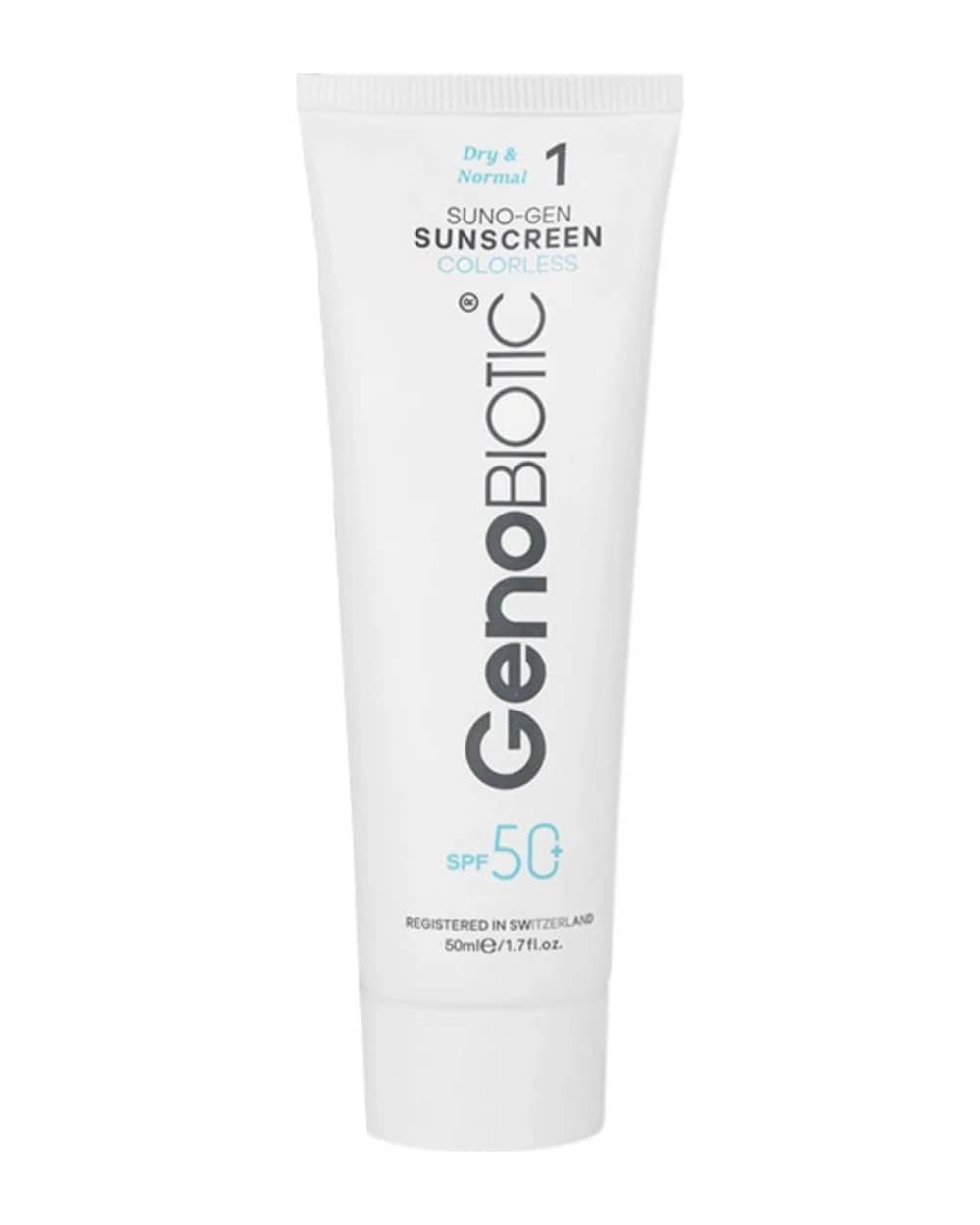 کرم ضد آفتاب بی رنگ پوست های خشک و معمولی SPF50 ژنوبایوتیک 50ml