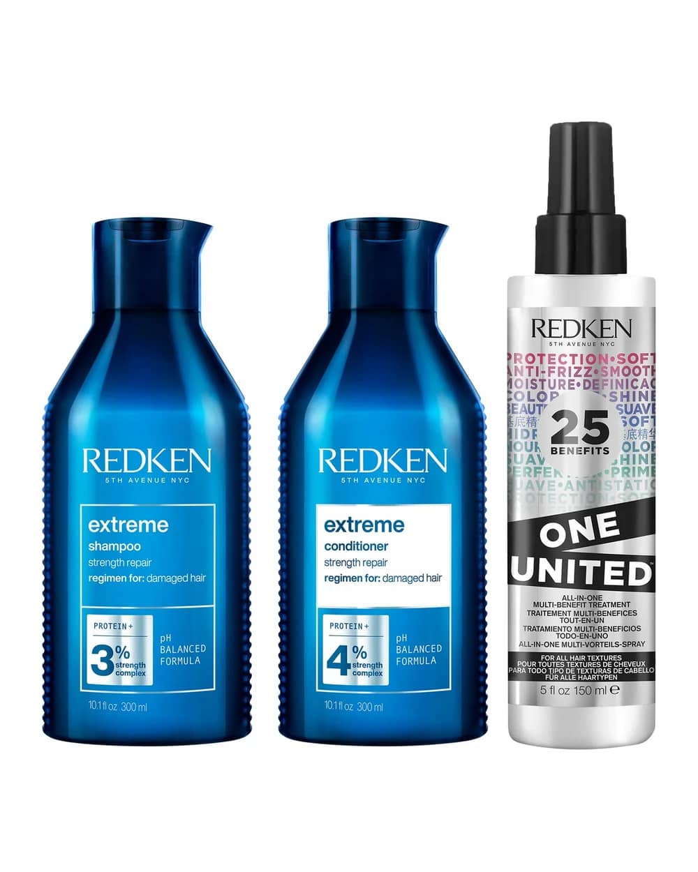 Redken Extreme Shampoo, Conditioner and One United Multi-Benefit Leave-in Treatment, Strength Repair Bundle for Damaged Hair