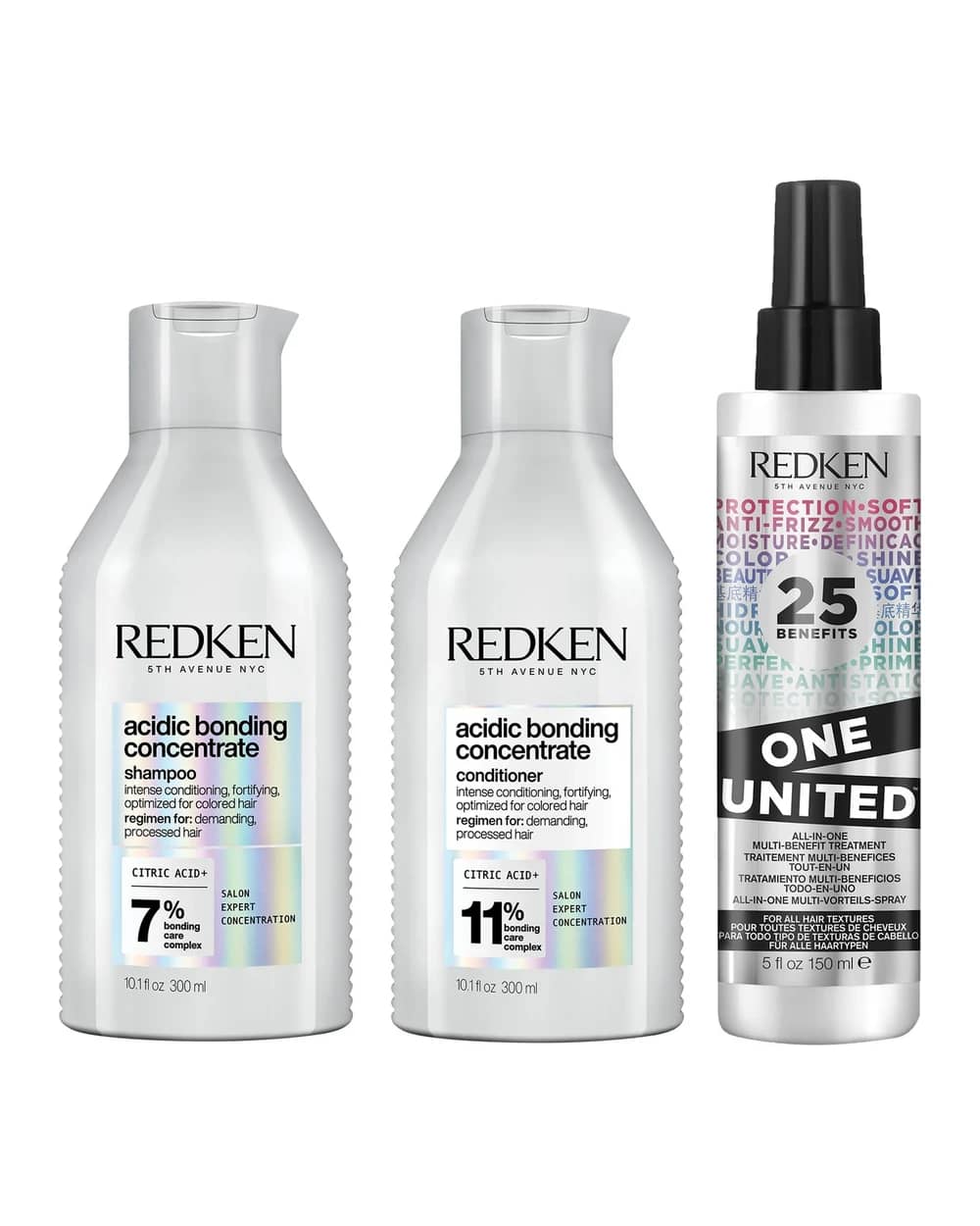 Redken Acidic Bonding Concentrate Shampoo, Conditioner and One United Multi-Benefit Leave-in Treatment Bond Repair Bundle