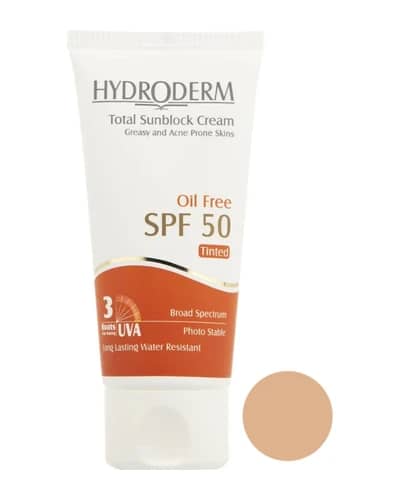 ضد آفتاب رنگی هیدرودرم SPF50 پوست چرب و جوش دار (بژ متوسط)