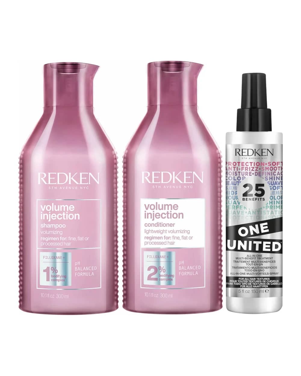Redken Volume Injection Shampoo, Conditioner and One United Treatment Spray Routine for Fine/Flat Hair