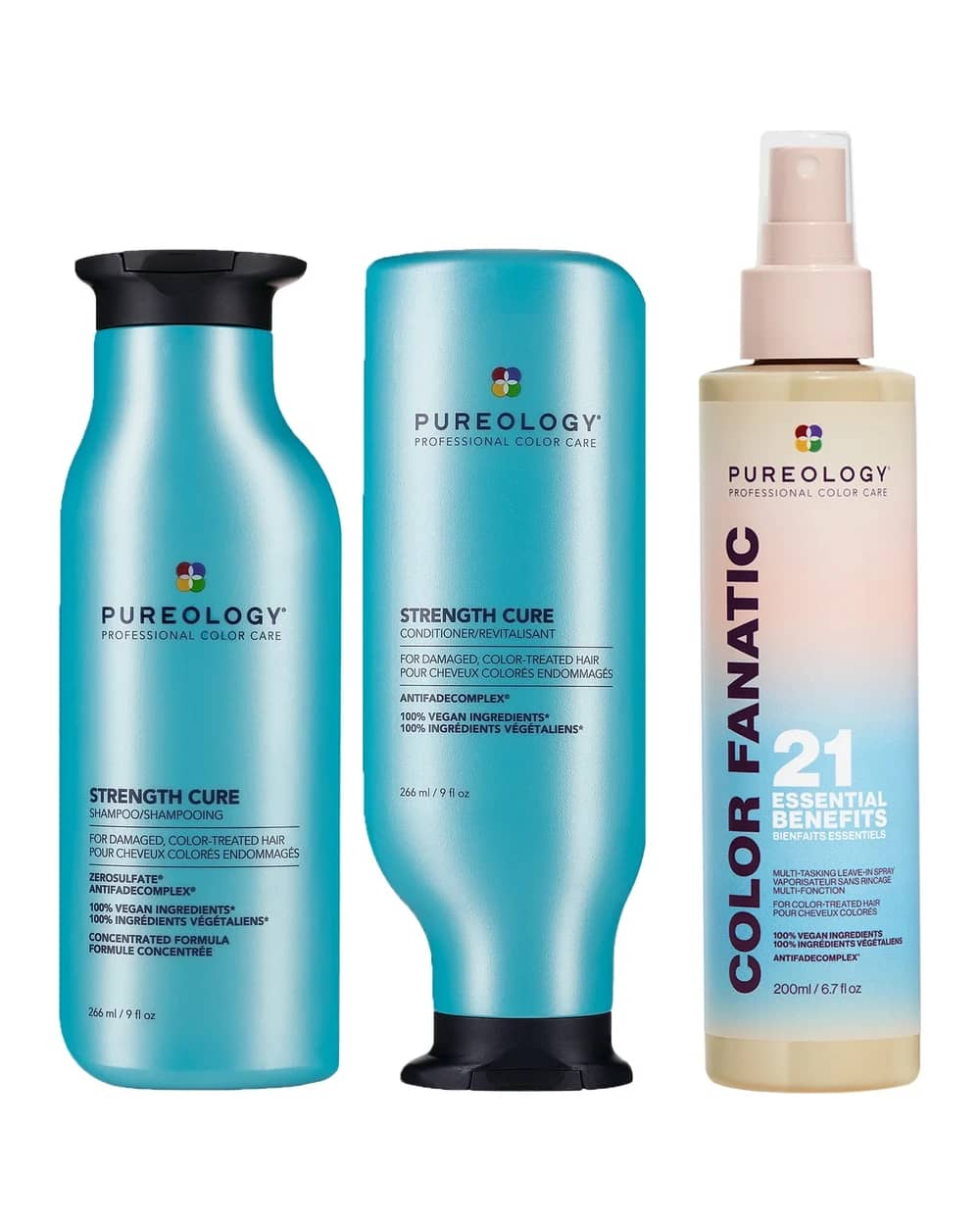 Pureology Strength Cure Shampoo, Conditioner and Color Fanatic Spray Routine for Damaged Hair