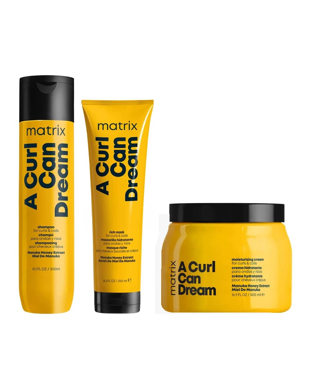 Matrix A Curl Can Dream Manuka Honey Infused Shampoo, Mask and Leave-in Cream Routine for Curls and Coils
