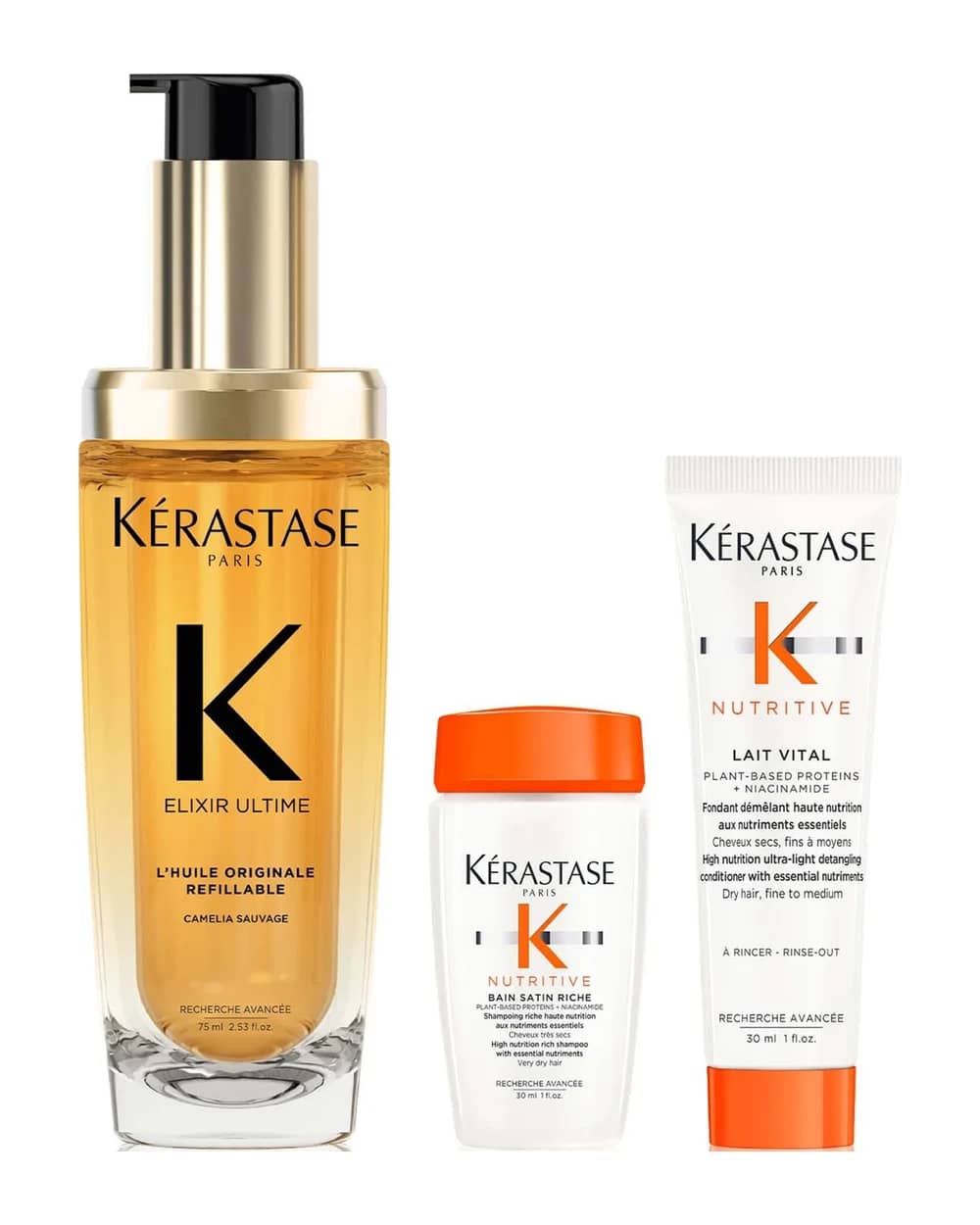 Kérastase Elixir Ultime L'Huile Originale Hair Oil 75ml with Mini Deluxe Nutritive Shampoo 30ml and Conditioner 30ml Duo