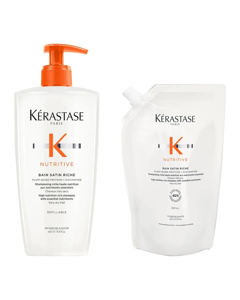 Kérastase Nutritive Bain Satin Riche Refillable Shampoo and Refill Pouch Duo for Fine to Medium Dry Hair with Niacinamide 500ml