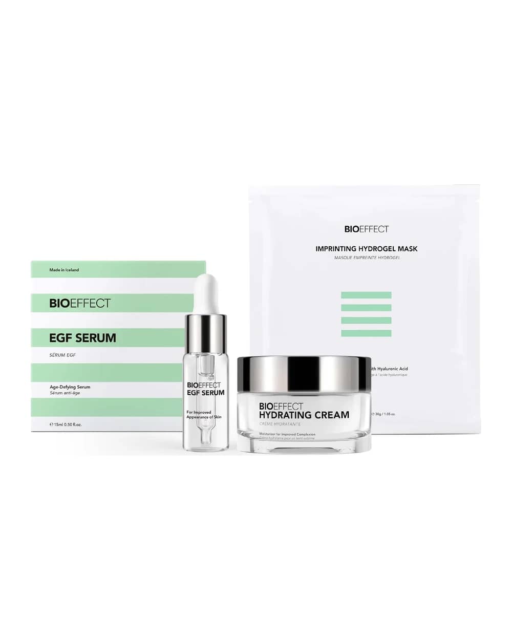 BIOEFFECT Icons Set including EGF Serum, Hydrating Cream 50ml and Imprinting Hydrogel Mask 25g
