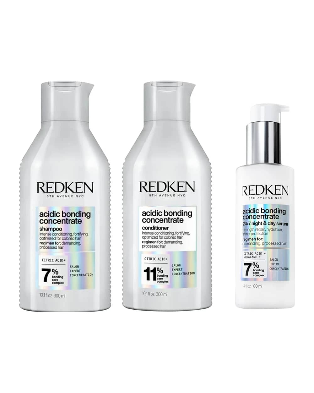 Redken Acidic Bonding Concentrate Shampoo 300ml, Conditioner 300ml and 24/7 Night & Day Serum 100ml Repair Damaged Hair Bundle