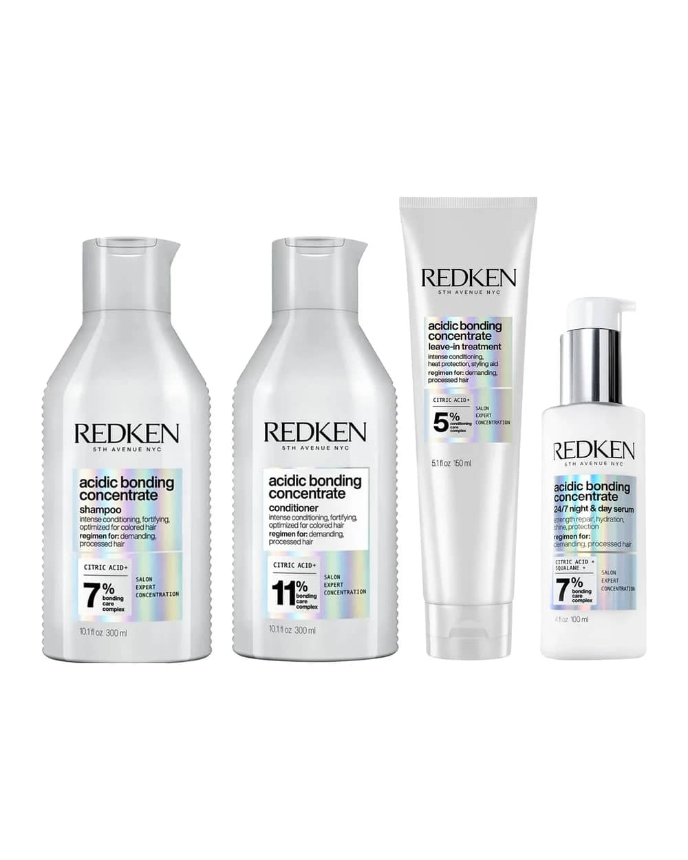 Redken Acidic Bonding Concentrate Shampoo 300ml, Conditioner 300ml, Leave-in Treatment 150ml and 24/7 Night & Day Serum Bundle