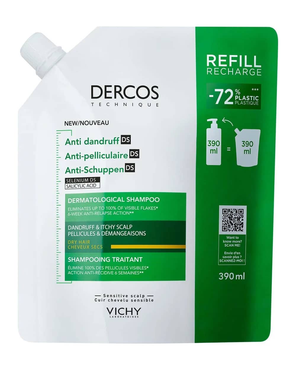 Vichy Dercos Anti-Dandruff Dermatological Shampoo for Dry Hair Refill 390ml