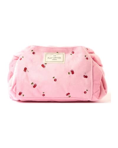 The Flat Lay Co. Drawstring Flat Lay Makeup Bag - Ditsy Cherries Pink Embroidered Velvet