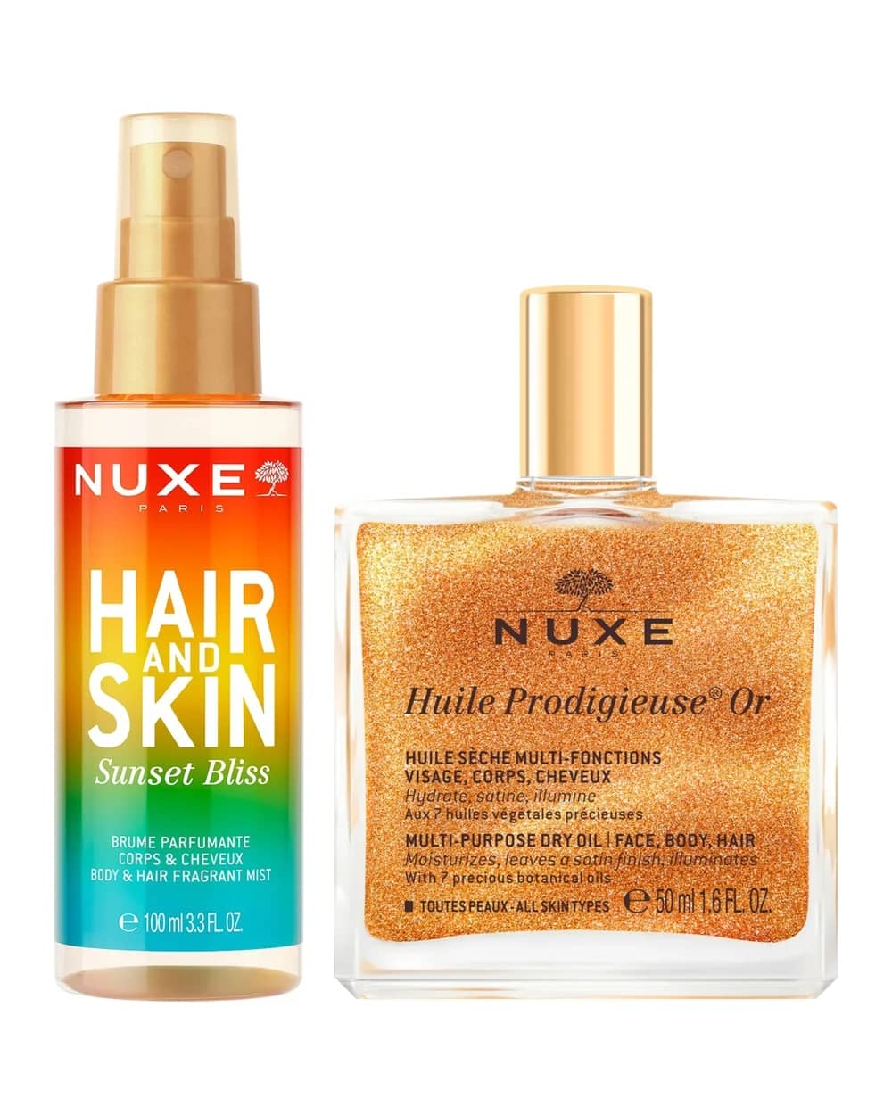 NUXE Huile Prodigieuse Shimmering Multi-Purpose Dry Oil 50ml & 'Sunset Bliss' Hair & Body Fragrance Mist 100ml Bundle