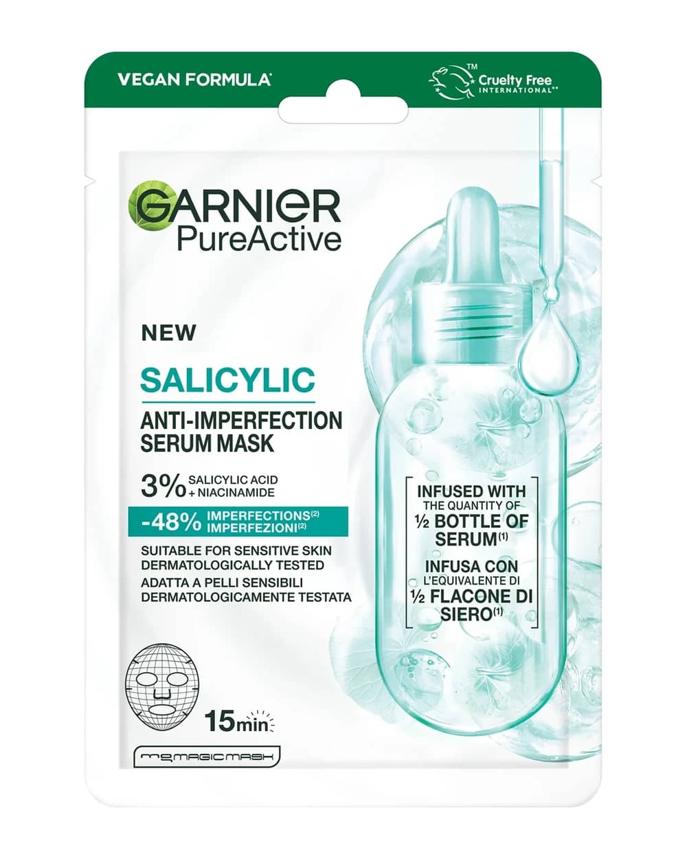 Garnier Salicylic Anti-Imperfection Serum Face Mask, 3% Niacinamide + Salicylic + Aha + Centella Asiatica 28g