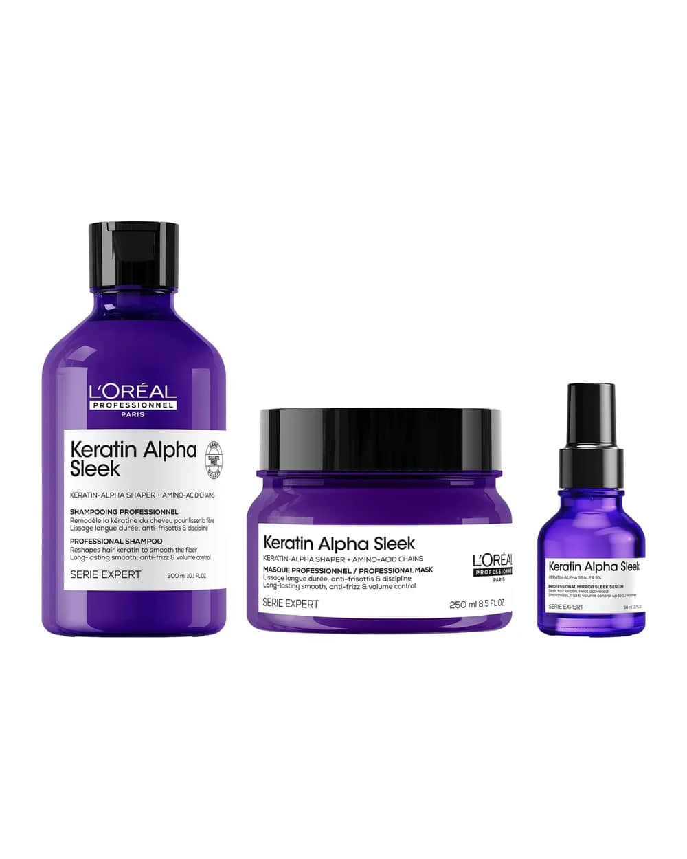L'Oréal Professionnel Keratin Alpha Sleek Shampoo, Hair Mask & Hair Serum Bundle - Antifrizz, 300ml, 250ml, 50ml