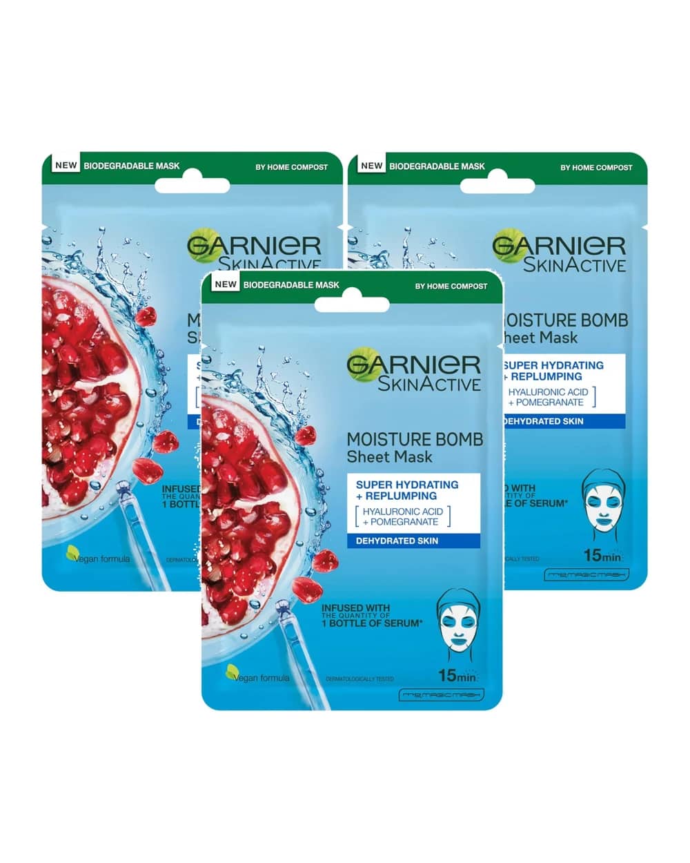 Garnier Moisture Bomb Pomegranate and Hyaluronic Acid Face Sheet Mask Trio