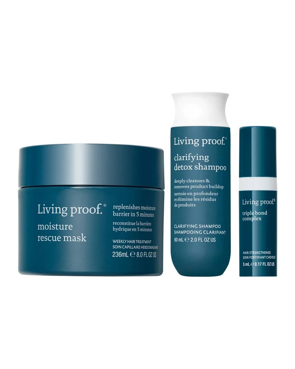 Living Proof Clarifying Detox Shampoo, Moisture Rescue Mask + Triple Bond Complex for Detox, Hydration & Hair Repair