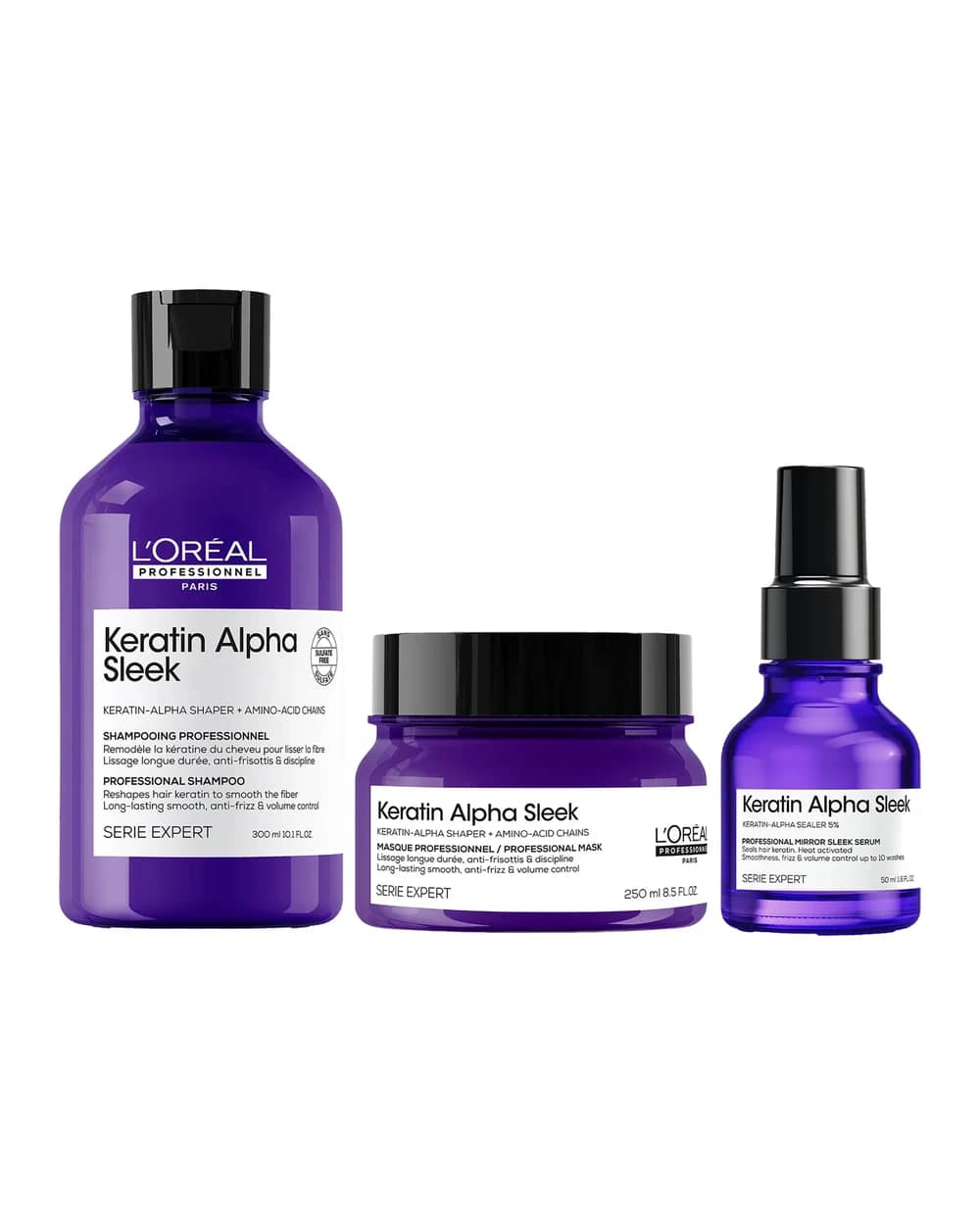 L'Oréal Professionnel Keratin Alpha Sleek Shampoo, Hair Mask & Hair Serum Bundle - Antifrizz
