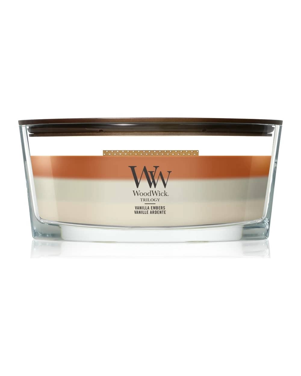 Woodwick Trilogy Vanilla Embers candela profumata con stoppino in legno
