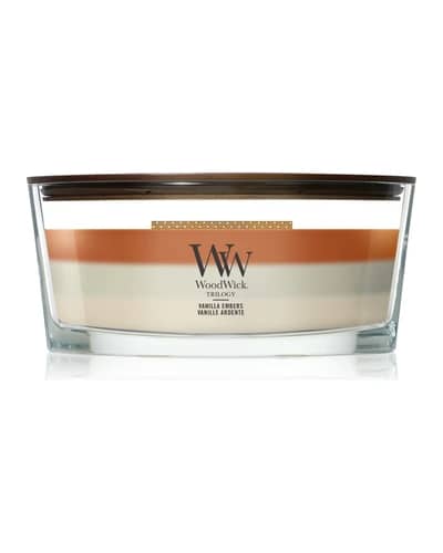 Woodwick Trilogy Vanilla Embers candela profumata con stoppino in legno