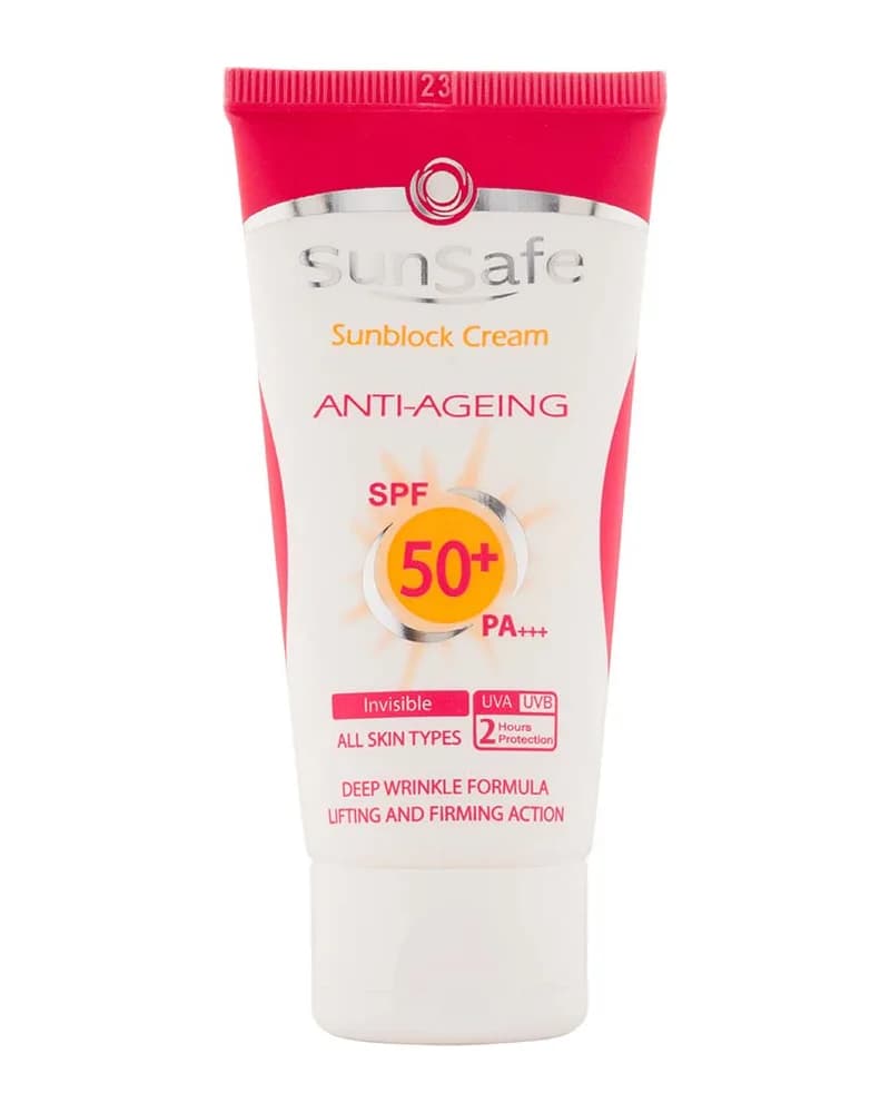 کرم ضد آفتاب و ضد چروک بی رنگ سان سیف مدل Anti Ageing با +SPF 50