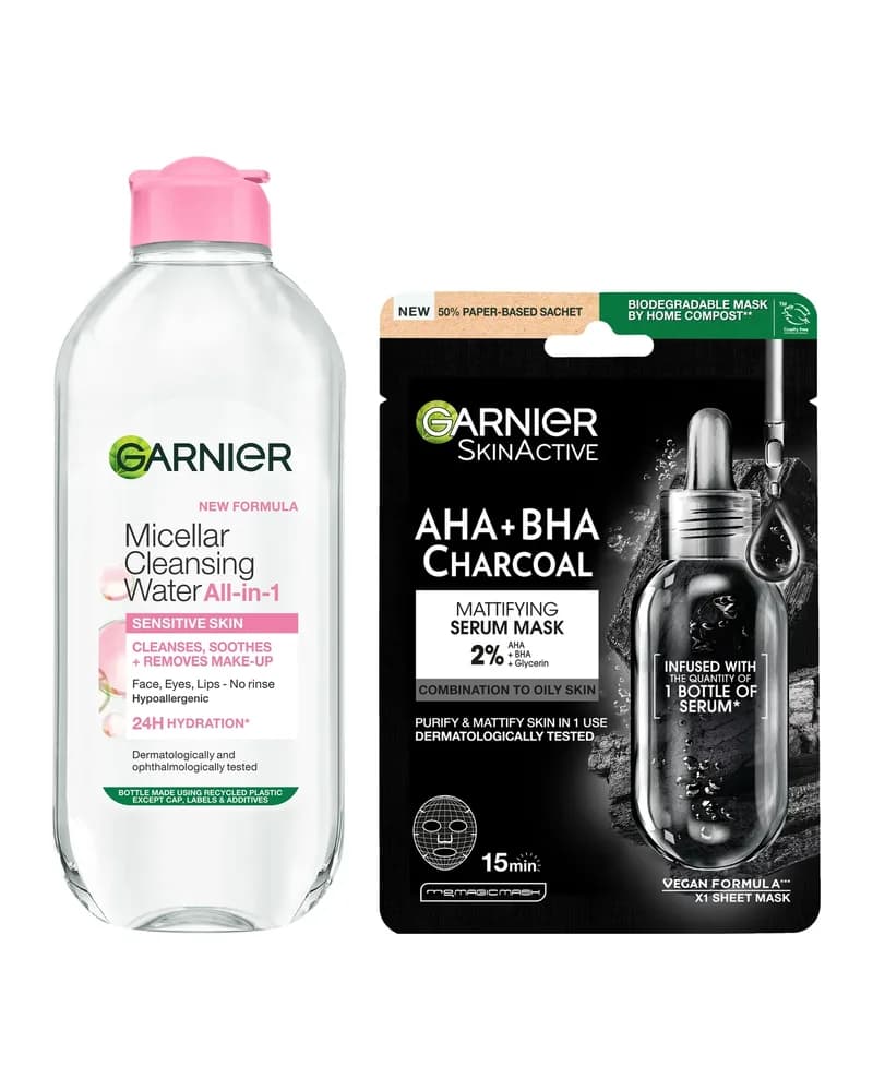 Garnier Micellar Water Sensitive Skin and Hydrating Face Sheet Mask for Enlarged Pores Kit Exclusive