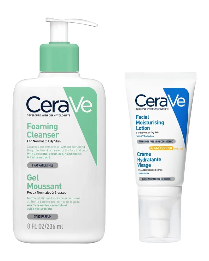 CeraVe Morning Cleanse and Protect Duo for Oily Skin, Cleanser with Niacinamide and Moisturiser with SPF 50 and Hyaluronic Acid