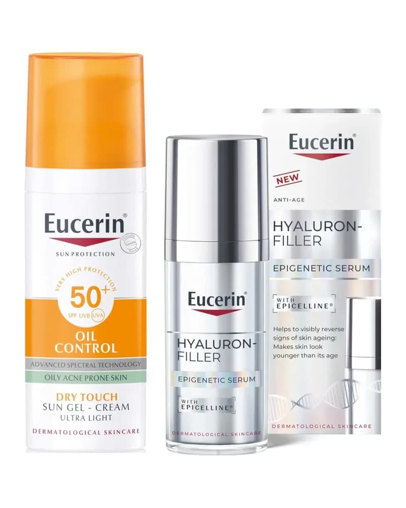 Eucerin Hyaluron-Filler Epigenetics Serum 30ml & Sun Face Oil Control 50ml Gel Bundle to Protect & Reverse signs of ageing