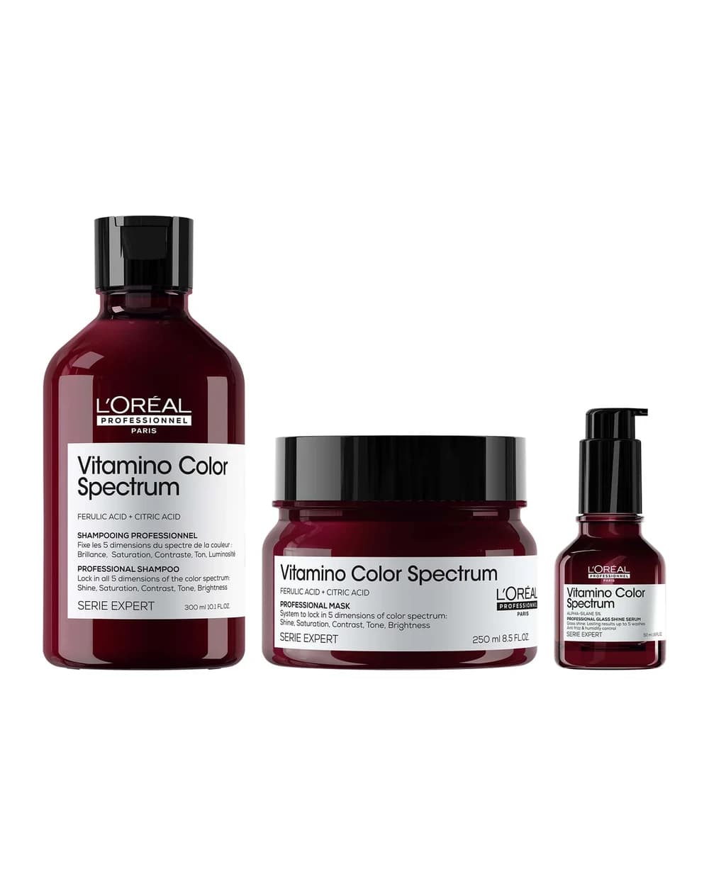 L'Oréal Professionnel Vitamino Color Spectrum Shampoo 300ml, Rinse Off Hair Mask 250ml and Serum 50ml Bundle for Coloured Hair