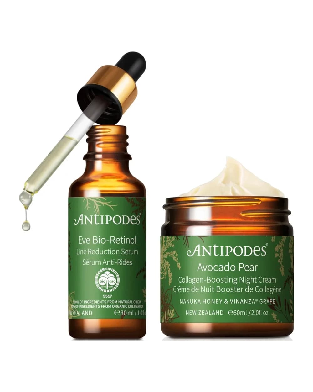 Antipodes Eve Bio-Retinol Line Reduction Serum 30ml, Avocado Pear Collagen-Boosting Night Cream 60ml Bundle