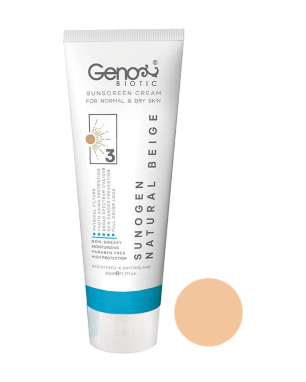 کرم ضد آفتاب رنگی پوست های خشک و معمولی SPF50 ژنوبایوتیک 50gr
