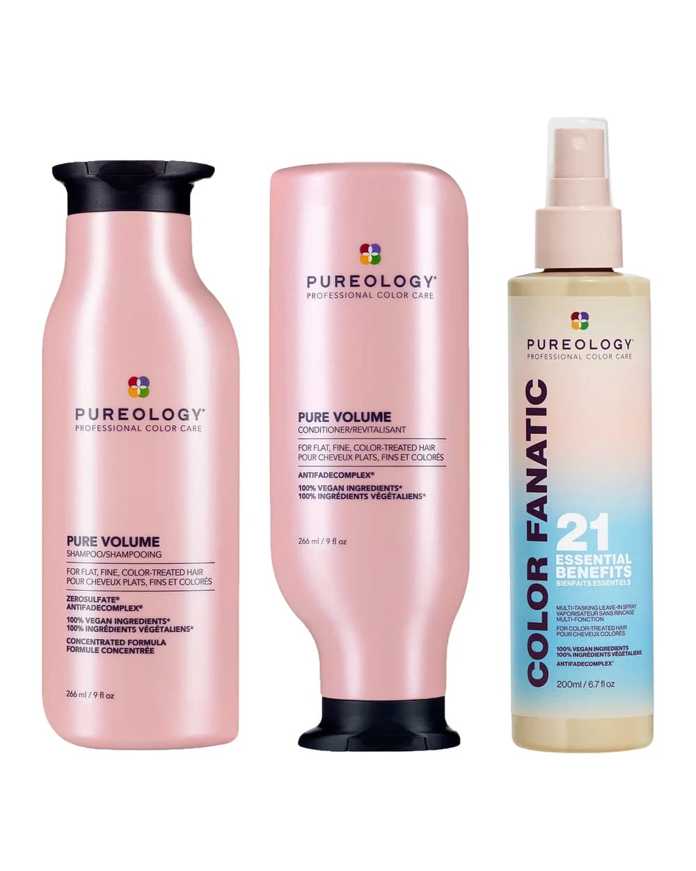 Pureology Pure Volume Shampoo, Conditioner and Color Fanatic Spray Routine for Flat and Fine Hair