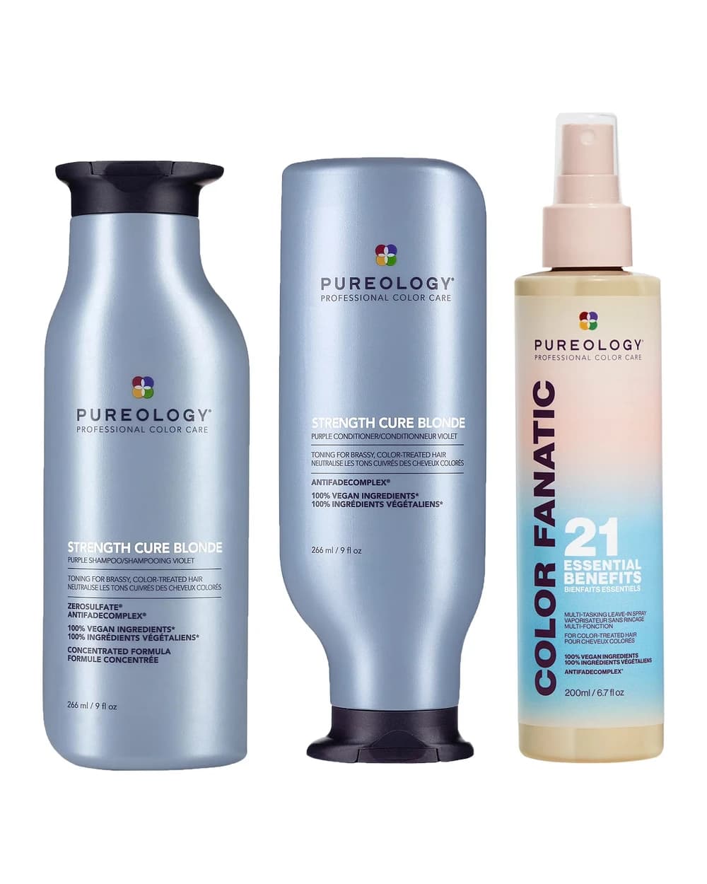 Pureology Strength Cure Blonde Purple Shampoo, Conditioner and Color Fanatic Spray Routine for Toning Brassy Hair