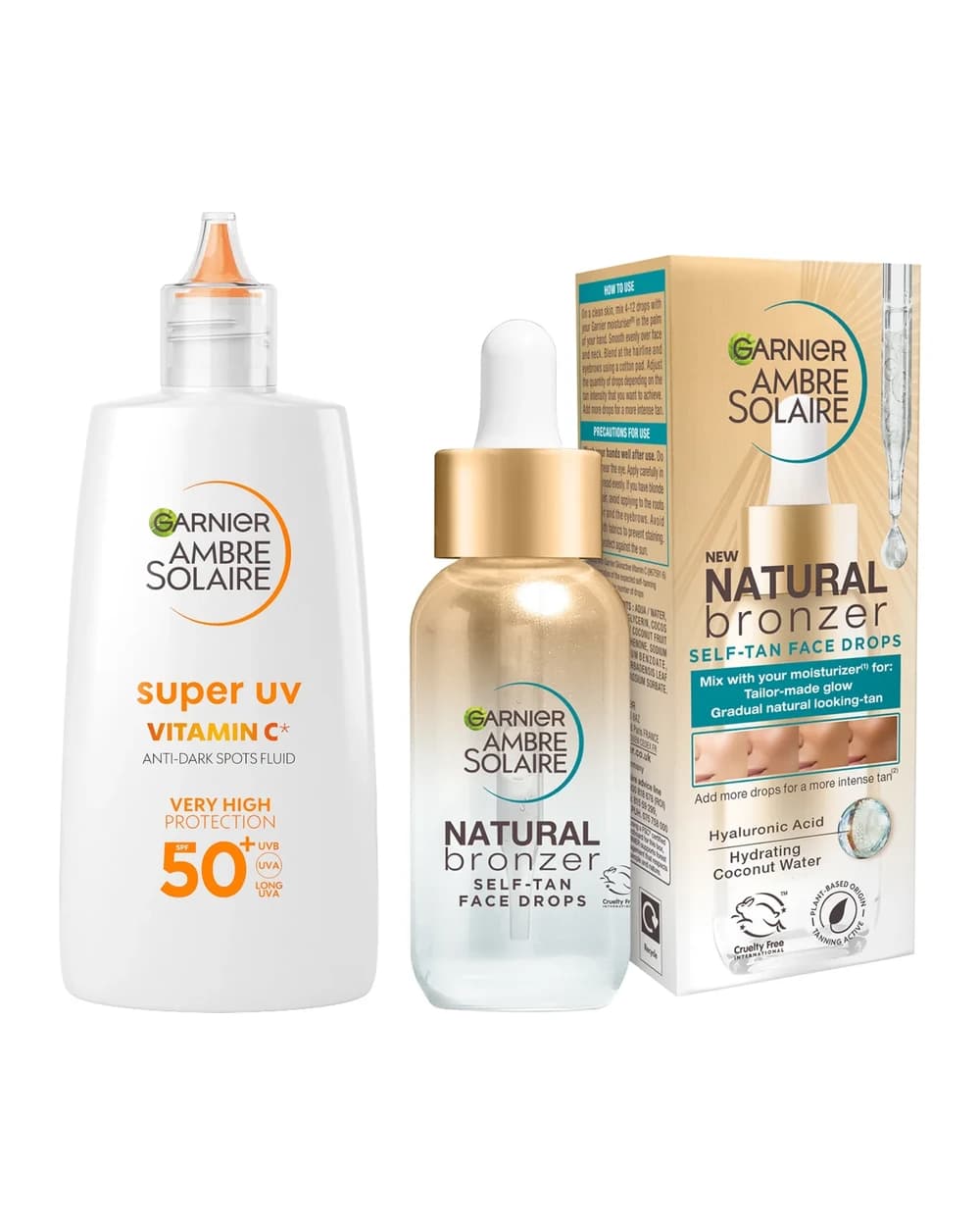 Garnier Glow and Protect Duo: Natural Bronzer Self-Tan Drops and Ambre Solaire Vitamin C Facial SPF50+ Fluid