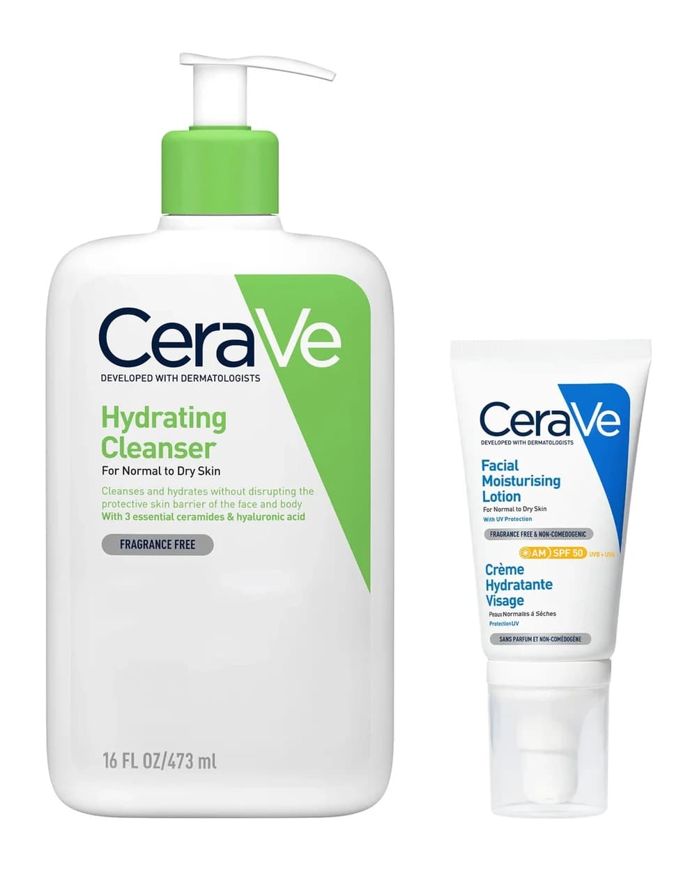 CeraVe Cleanse and Protect Face Routine for Dry Skin, Hydrating Cleanser and Facial Moisturiser with SPF 50