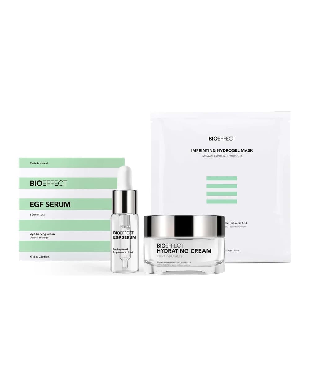 BIOEFFECT Icons Set including EGF Serum, Hydrating Cream 50ml and Imprinting Hydrogel Mask 25g