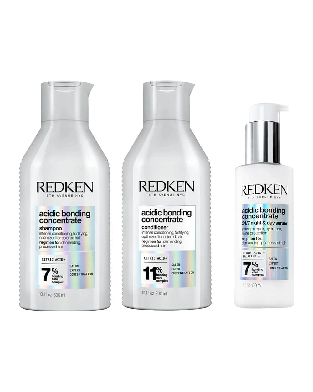 Redken Acidic Bonding Concentrate Shampoo 300ml, Conditioner 300ml and 24/7 Night & Day Serum 100ml Repair Damaged Hair Bundle