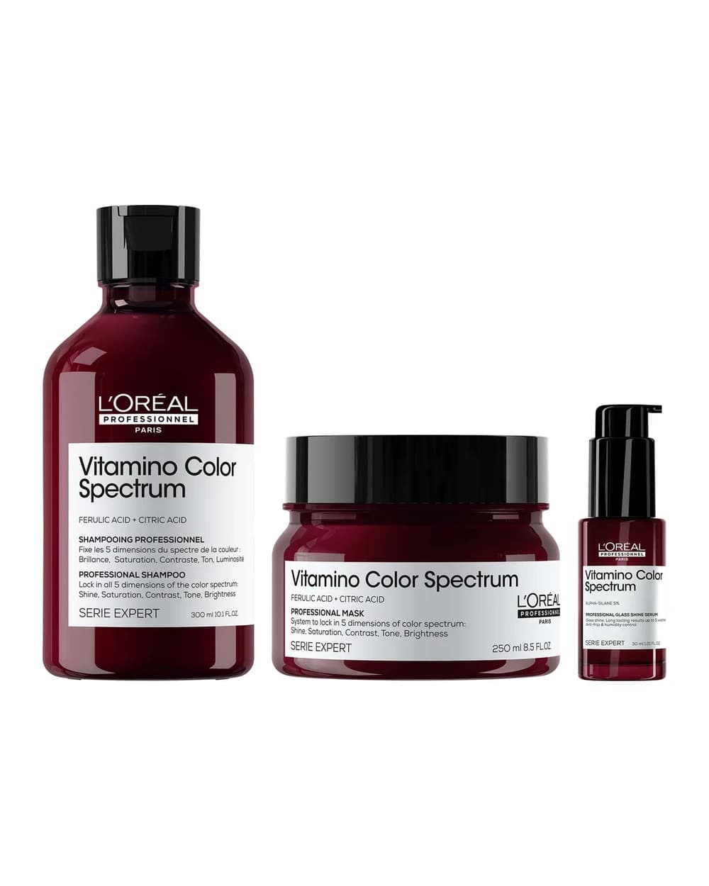 L'Oréal Professionnel Vitamino Color Spectrum Shampoo 300ml,Rinse Off Hair Mask 250ml and Serum 30ml Bundle for Coloured Hair