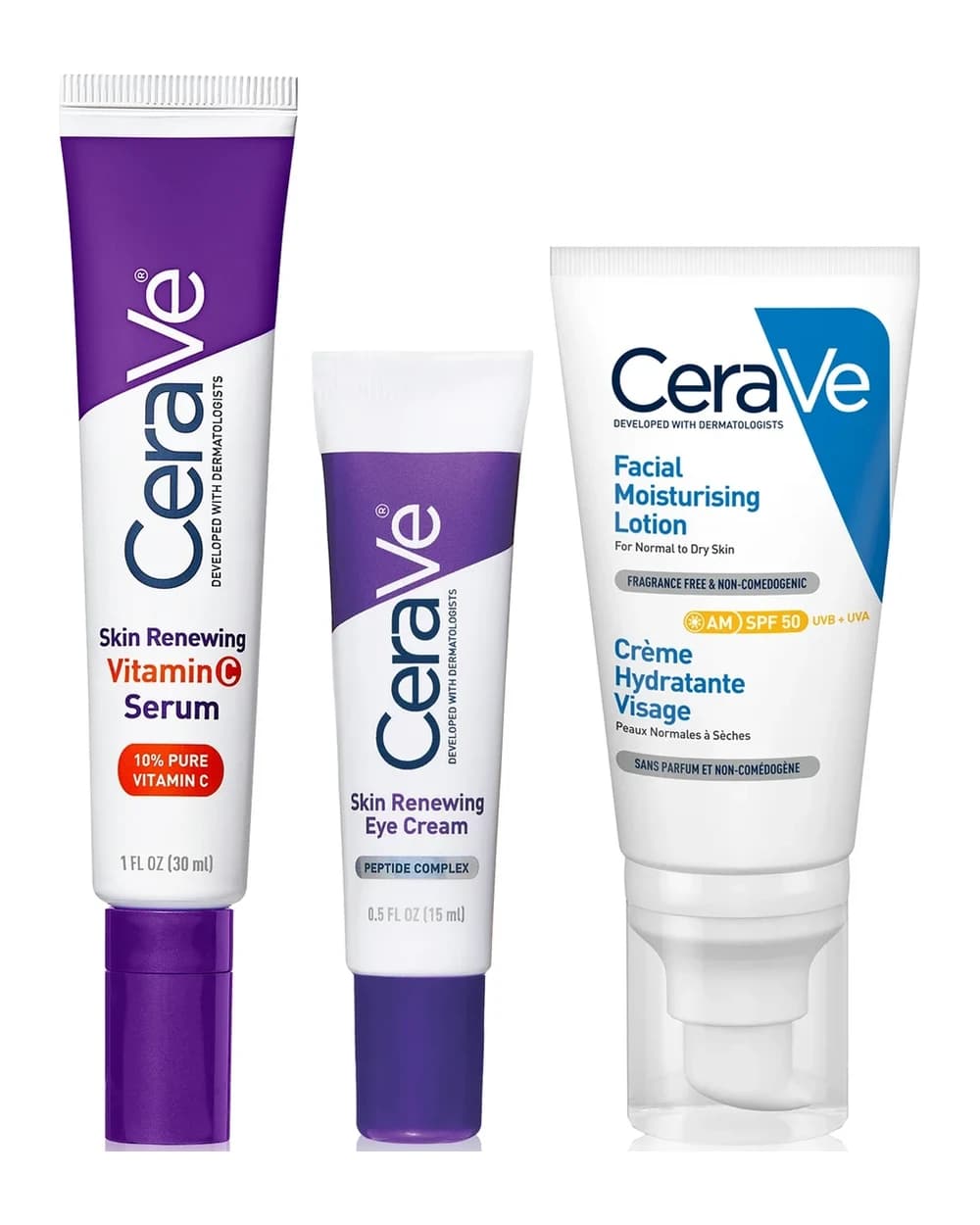 CeraVe Daily Care Routine for First Signs of Ageing Eye Cream Vitamin C Serum and Moisturiser with SPF50