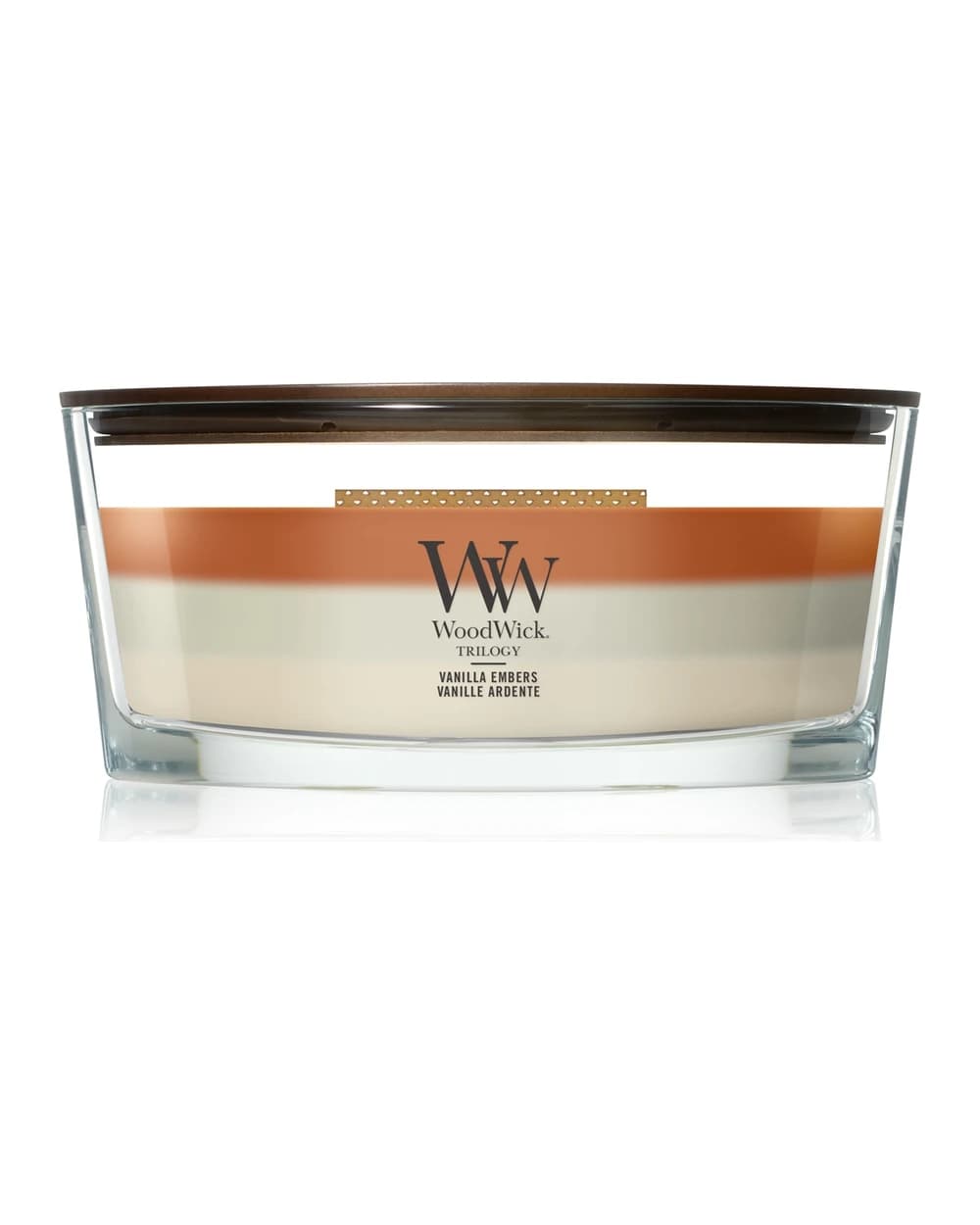 Woodwick Trilogy Vanilla Embers candela profumata con stoppino in legno